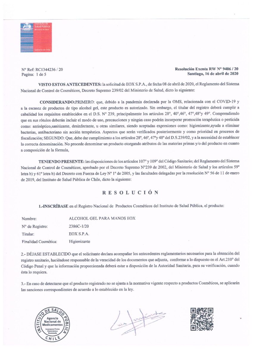 ALCOHOL GEL 1 LITRO EOX CERTIFICADO POR EL ISP - Imagen 2